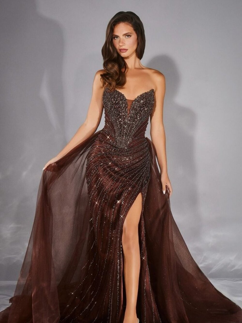 Ladivine Espresso Intricate Rhinestones Embellished Ceremonial Gown Prom Evening